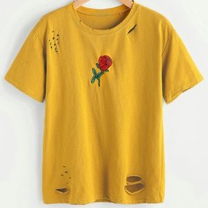 Rose Embroidered Ripped Tee